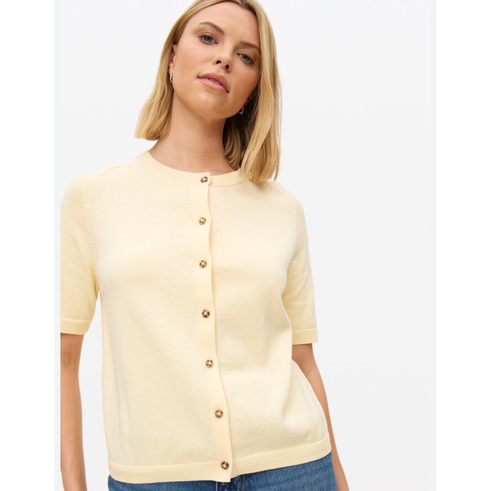 Ann Taylor Pale Yellow Short-Sleeve Button Cardigan